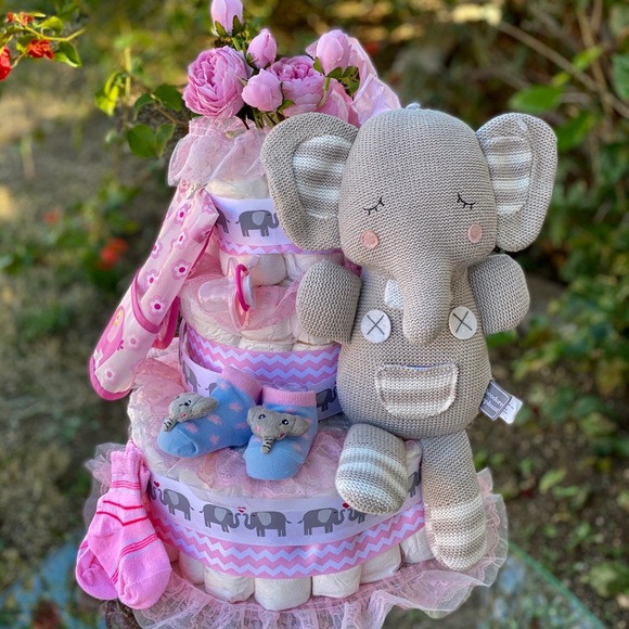 Elephant Diaper Cake, Girl Diaper Cake